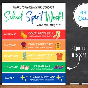 School Spirit Week Flyer | Printable School Activity Schedule | School Pto Pta | School Spirit Week Flyer | Spirit Week Template