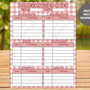 Potluck Picnic Sign Up Sheet, Printable for Potluck Party, Sign Up For Potluck Lunch, Dinner, What To Bring Instant Download PDF