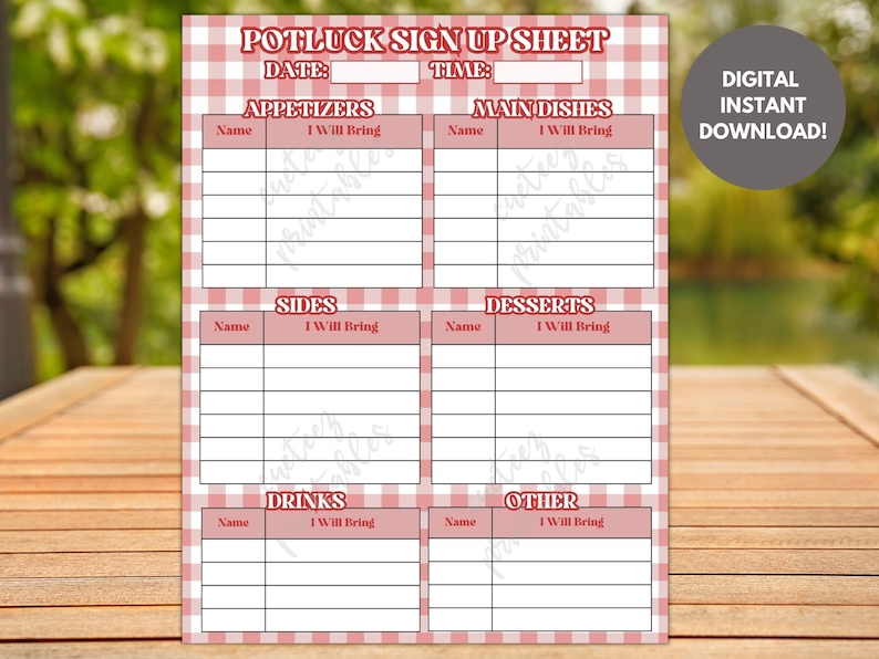 Potluck Picnic Sign up Sheet, Printable for Potluck Party, Sign up for