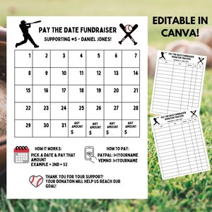 Baseball Pick a Date to Donate, Fundraiser Pay the Date, Black out my board, Baseball  Donation calendar fundraiser