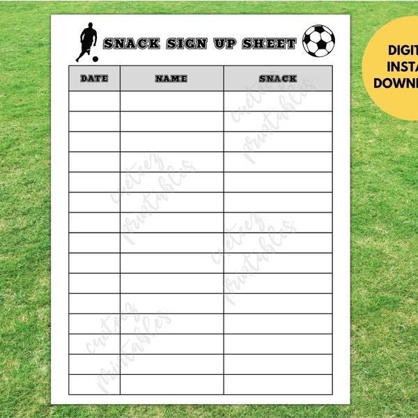 Snack Sign Up Sheet for Soccer Games, Printable for Sign Up Sheet for Soccer Teams, Instant Download PDF