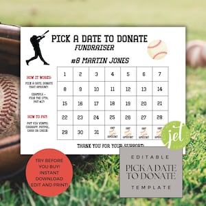 Pick a Date Fundraiser, Editable All Purpose Template, Calendar Sponsor a Date, Digital Baseball Team, Sports Fundraising Calendar