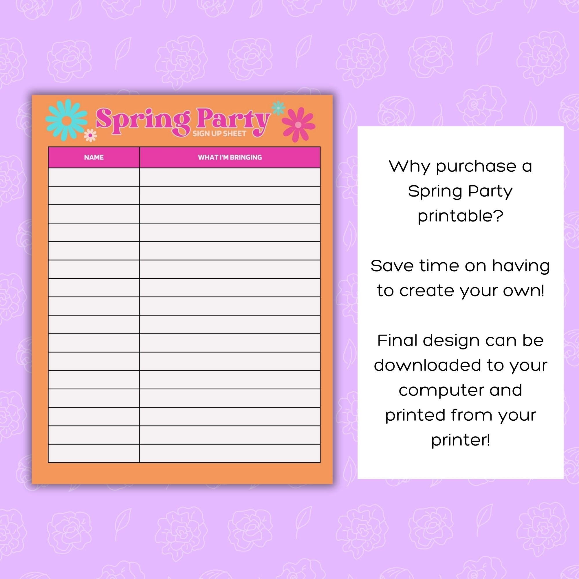 Spring class party sign up sheet instant download pto pta sign up