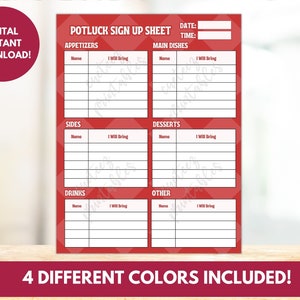 Potluck Sign Up Sheet, Printable for Potluck Party, Sign Up For Potluck Lunch, Dinner, What To Bring Instant Download PDF