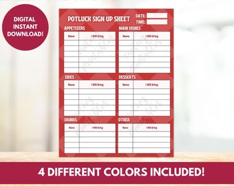 Potluck Sign-Up Sheet, Printable Party List (PDF)