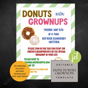 Donuts with Grownups, Donuts with Grownups Flyer, Donuts with Grownups Editable Invitation, Donuts with Grownups, School Event