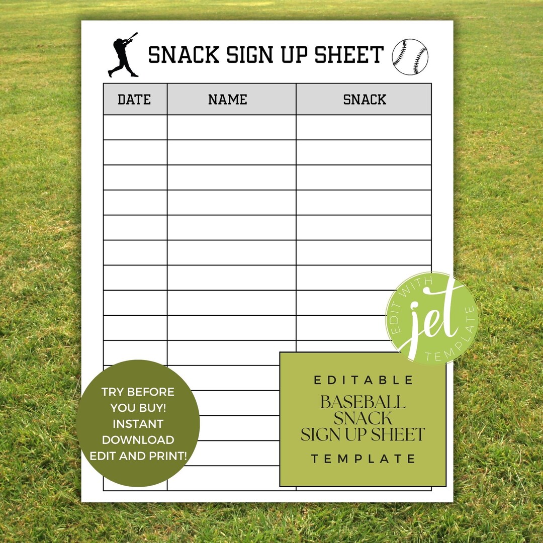 Snack Sign up Sheet Digital Template Instant File School Sports Team Snack Sign up Sheet Digital Template Instant File School Sports Team