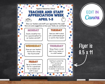 May include: A colorful flyer for Teacher and Staff Appreciation Week, April 1-5, from Appleton Elementary School. The flyer includes suggestions for each day, with the dimensions of 8.5 x 11 inches. The flyer is decorated with colorful polka dots.