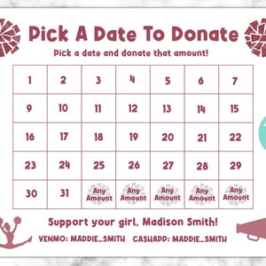 Editable Pick a Date Fundraiser, Editable Cheerleader Fundraiser Template, Sponsor a Date, Cheer Fundraising Calendar