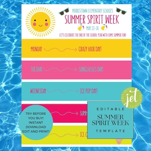 Summer Spirit Week Flyer | Printable School Activity Schedule | Summer Fun | School Spirit Week Flyer | Spirit Week Template