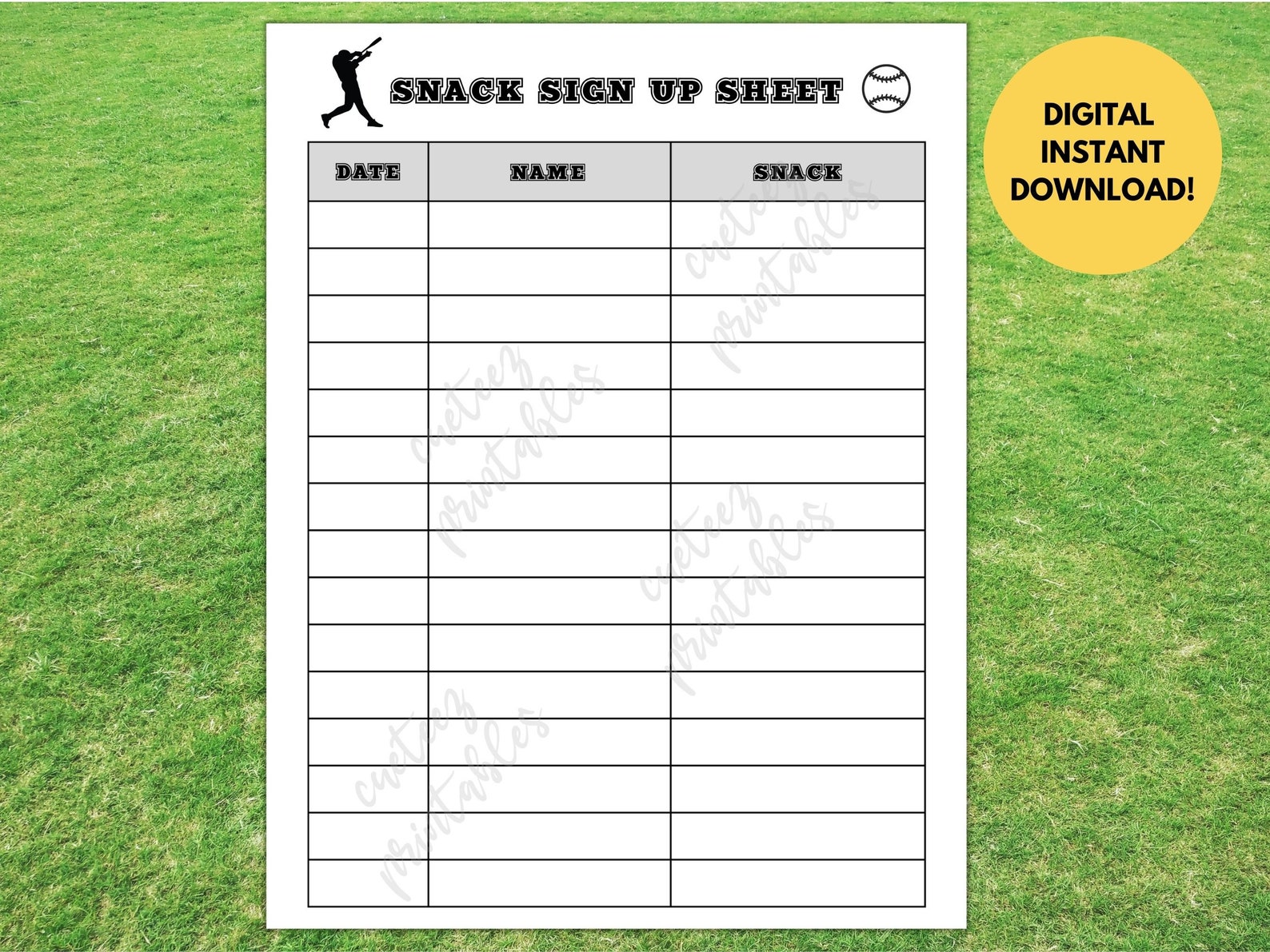 Baseball Snack Sign up Sheet Printable for Sign up Sheet for Etsy