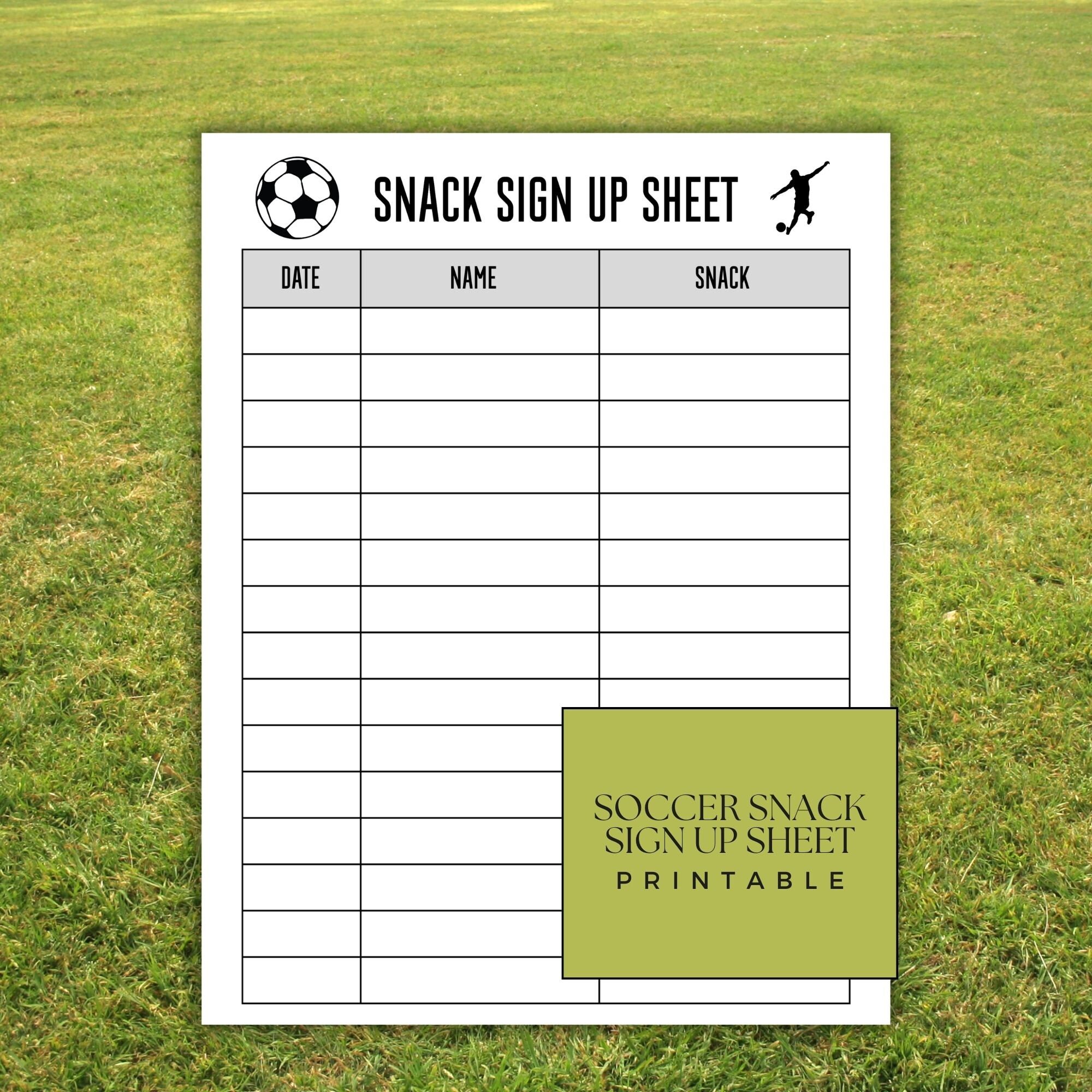Soccer Snack Sign up Sheet: Printable Team Template (PDF) - Etsy Canada