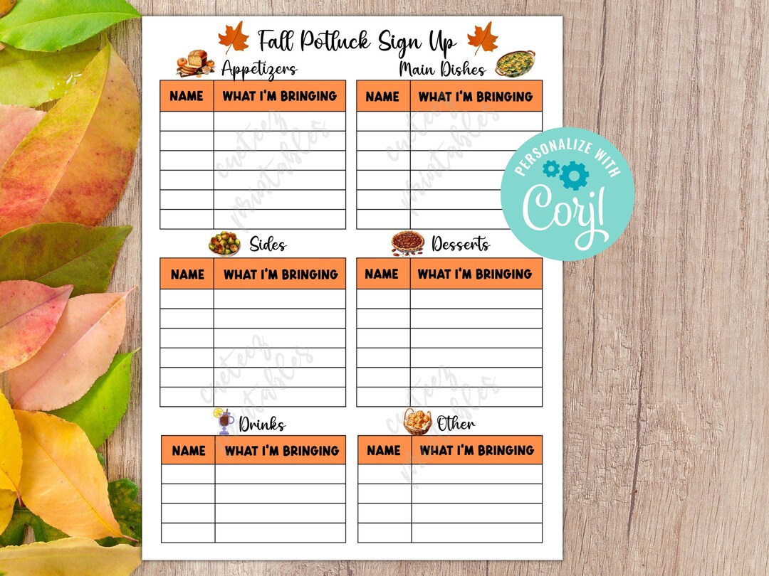 EDITABLE Fall Potluck Sign up Sheet Printable for Potluck - Etsy