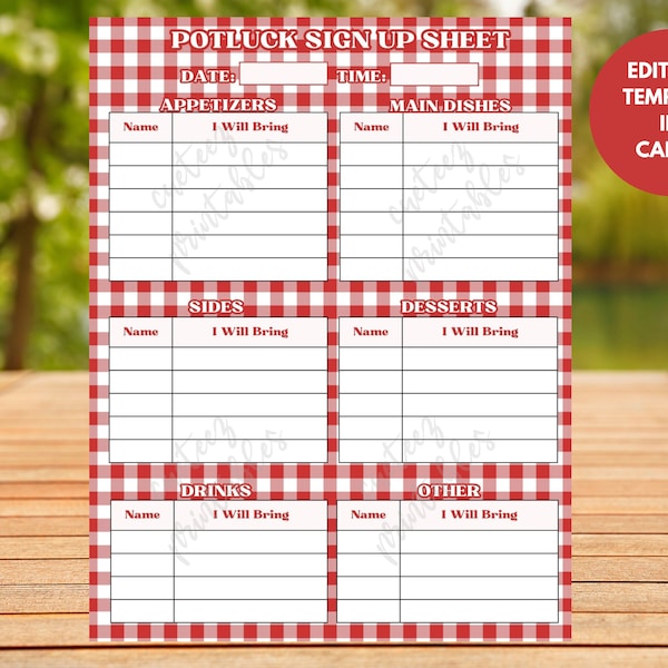 EDITABLE Potluck Picnic Sign Up Sheet, Printable for Potluck Party, Sign Up For Potluck Lunch, Dinner, What To Bring, Canva Template