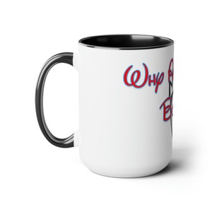 May include: White ceramic mug with a black rim and handle. The mug has a red and blue graphic that says "Why Be Bored" with a black and white graphic of a Mickey Mouse head.