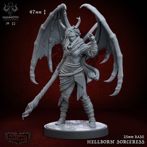 May include: A gray, unpainted miniature of a Hellborn Sorceress with large, detailed wings, horns, and a staff. The figure is on a 25mm base and is part of the Infernal Conclave collection. The image includes the Mammoth Factory logo.