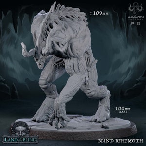 May include: A gray, detailed miniature of a blind behemoth, a monstrous creature with a large, clawed body and horns. The miniature is 109 mm tall and stands on a 100 mm base. It is a part of the Land of the Blind game.