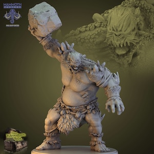 May include: A gray, detailed miniature of a large, muscular, humanoid creature with reptilian features. The creature is holding a large rock in its right hand and has a fierce expression on its face. The miniature is pre-supported and is part of a set of fantasy miniatures.