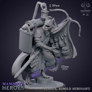 May include: A gray plastic miniature figurine of a kobold merchant, standing 39 mm tall, with a backpack, a sword, and a cloak full of potions. The base is 25 mm in diameter. The figurine is labeled "Vengux, Kobold Merchant".