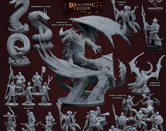 May include: A set of miniature figures depicting a dragon, a wyrmling, a bust, and various warriors. The figures are painted in shades of gray and are set against a red background. The text "Draconic Legion" is visible at the top of the image.
