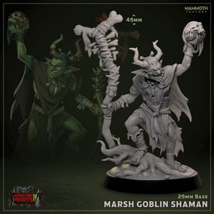 May include: A gray Marsh Goblin Shaman figurine with a 25mm base. The goblin holds a skull in one hand and a bone-wrapped staff in the other. The figurine has horns and is posed on a tree root.