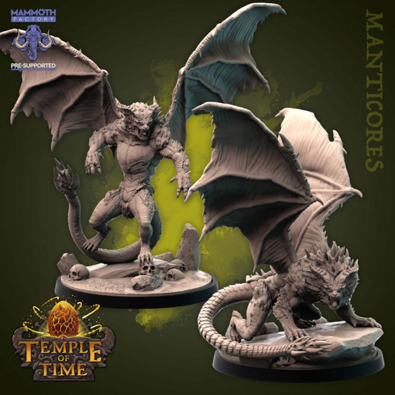 May include: Two gray, pre-supported, 3D printed miniature figures of manticores, mythical creatures with the body of a lion, wings of a bat, and a human head and tail. The figures are posed in a dynamic, action-ready stance. The text "MANTICORES" is printed in white on a black background in the upper right corner of the image.
