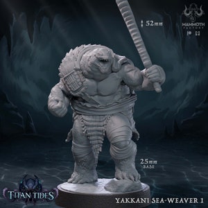 May include: A gray, detailed miniature of a turtle-like creature with a club, standing on a round base. The miniature is 52 mm tall and the base is 25 mm in diameter. The miniature is labeled "Yakkani Sea-Weaver 1".