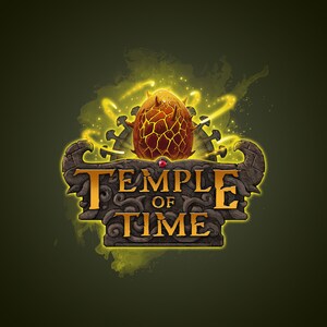 May include: A golden logo with the text "Temple of Time" in a stone-like frame. A glowing, orange egg with spikes is in the center of the logo.