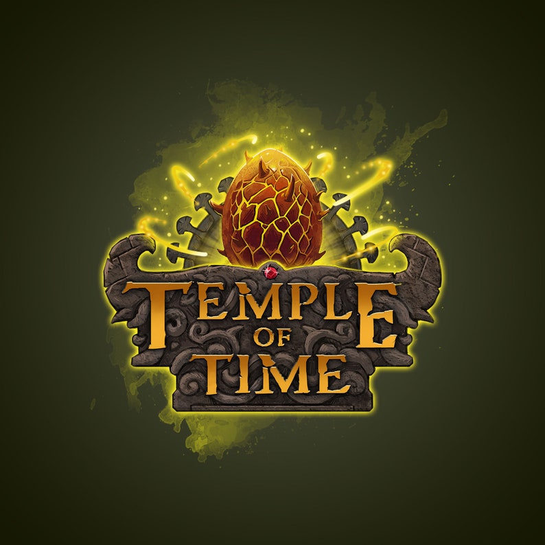 May include: A golden logo with the text "Temple of Time" in a stone-like frame. A glowing, orange egg with spikes is in the center of the logo.