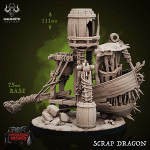 May include: A detailed miniature of a Scrap Dragon, a skeletal, mechanical creature made of scrap metal and wood. The dragon is 111 mm tall and sits on a 75 mm base. The dragon is made of a light brown plastic and has a weathered, rusty appearance. The dragon is a great addition to any tabletop game or miniature collection.