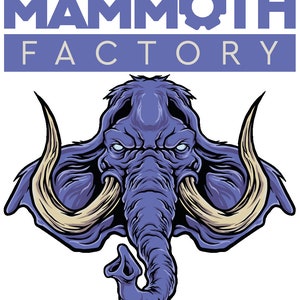 May include: A purple mammoth head with large tusks and a fierce expression. The text "MAMMOTH FACTORY" is above the mammoth.