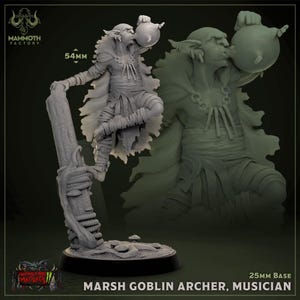 May include: A gray miniature figure of a Marsh Goblin Archer, Musician, 54mm tall, holding a round object to its lips. The figure is perched on a wooden post with rope detailing, and the base is 25mm. The Mammoth Factory logo is visible.