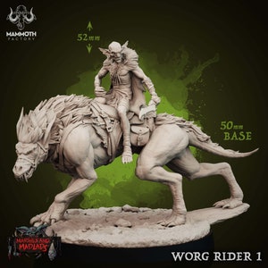 May include: A detailed miniature sculpture of a Worg Rider. The rider, with pointed ears and a grim expression, sits atop a wolf-like creature. The base is 50mm. The sculpture is labeled "Worg Rider 1" and features the "Mammoth Factory" logo.
