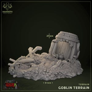 May include: A detailed Goblin Terrain model, featuring a weathered wooden barrel, debris, and foliage. The model measures 25mm high and 51mm wide, perfect for tabletop gaming. The Mammoth Factory logo is visible in the upper left corner, and the text "Goblin Terrain" is at the bottom.