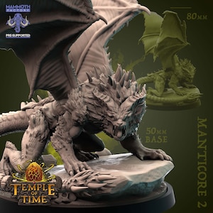 May include: A gray, detailed miniature of a Manticore with wings spread, standing on a 50 mm base. The miniature is pre-supported and comes from Temple of Time.