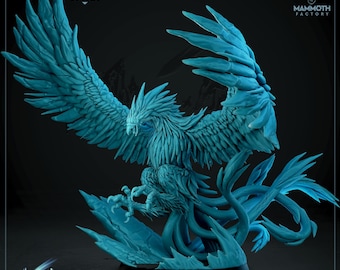 May include: A teal-colored figurine of a mythical bird, wings spread wide, with intricate feather details. The base is 75mm, and the figure is 186mm tall. The text "BRINGER OF STORMS" is visible.