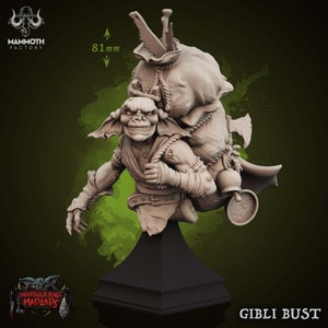 May include: A detailed bust of a goblin carrying a large sack on its back. The goblin is wearing a belt and has a mischievous expression on its face. The bust is 81 mm tall and is made of a light gray material.