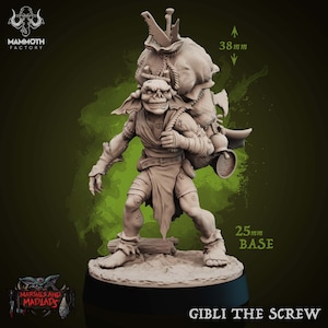 May include: A detailed figurine of Gibli the Screw, a goblin-like character, carrying a large sack. The figure is on a 25mm base and is 38mm tall. The figure is from the "Marshes and Madlads" collection.
