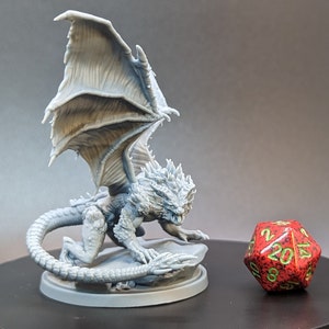 May include: A gray, 3D printed miniature dragon with wings spread, perched on a round base. The dragon has a spiky head and a long tail. A red 20-sided die is in the background.