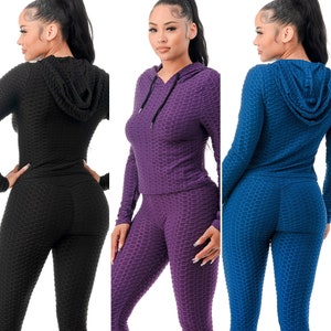 Women Workout Textured Scrunch Butt Lift Leggings and Hoodie Top Set, Yoga Gym, Matching Set, Plus Size, Top and Leggings, Fitness Attire