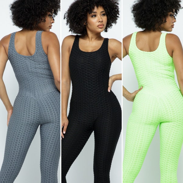 Women's Textured Jumpsuit with Scrunch Butt TikTok Leggings, Butt Lift Activewear Set, Sculpting Top and Leggings for Workout, Gym Workout