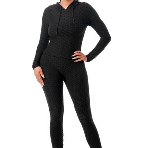 Women Workout Textured Scrunch Butt Lift Leggings and Hoodie Top Set, Yoga Gym, Matching Set, Plus Size, Top and Leggings, Fitness Attire Black