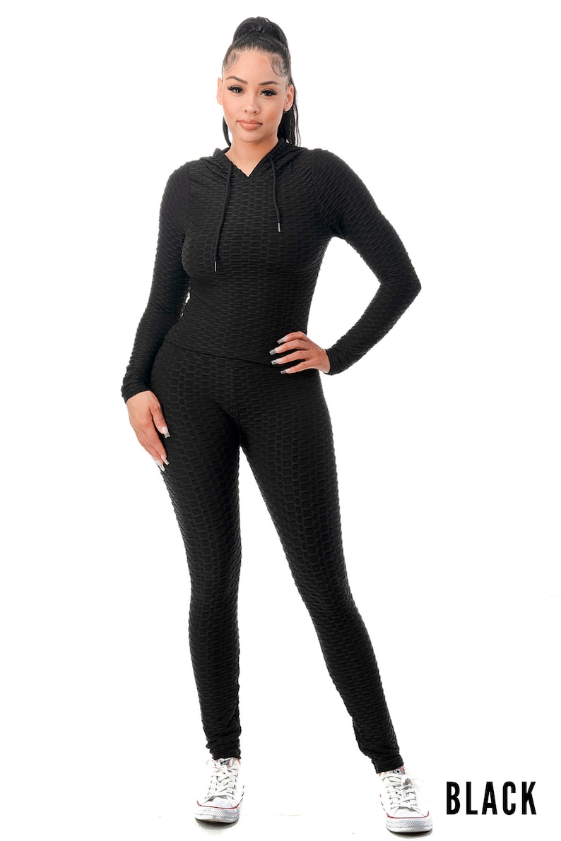 Women Workout Textured Scrunch Butt Lift Leggings and Hoodie Top Set, Yoga Gym, Matching Set, Plus Size, Top and Leggings, Fitness Attire Black