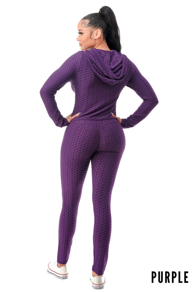 Women Workout Textured Scrunch Butt Lift Leggings and Hoodie Top Set, Yoga Gym, Matching Set, Plus Size, Top and Leggings, Fitness Attire Purple