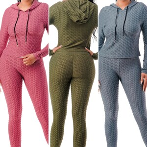 Women Tracksuits Workout Textured Scrunch Butt Lift Leggings and Hoodie Top Set, Yoga Gym, Matching Set, Plus Size