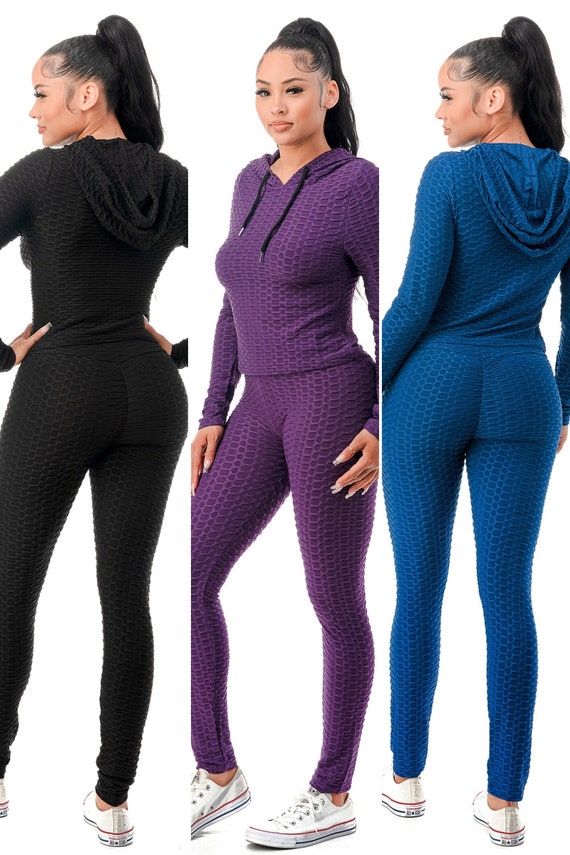 Women Workout Textured Scrunch Butt Lift Leggings and Hoodie Top