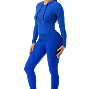 Women Workout Textured Scrunch Butt Lift Leggings and Hoodie Top Set, Yoga Gym, Matching Set, Plus Size, Top and Leggings, Fitness Attire Royal