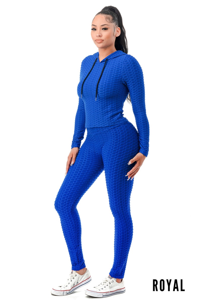 Women Workout Textured Scrunch Butt Lift Leggings and Hoodie Top Set, Yoga Gym, Matching Set, Plus Size, Top and Leggings, Fitness Attire Royal