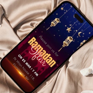 Convite para jantar de Iftar do Ramadã, convite para festa, cartão digital Ramadan Mubarak, modelo Ramadan Kareem Evite Canva, cartão de felicitações islâmico