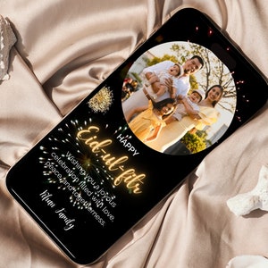 Feliz Eid Mubarak Cartão de Saudação Islâmico Digital com Imagem, Cartão de Saudação Islâmico, Cartão de Eid Animado, Cartão de Vídeo Eid al fitr Eid-al-adha
